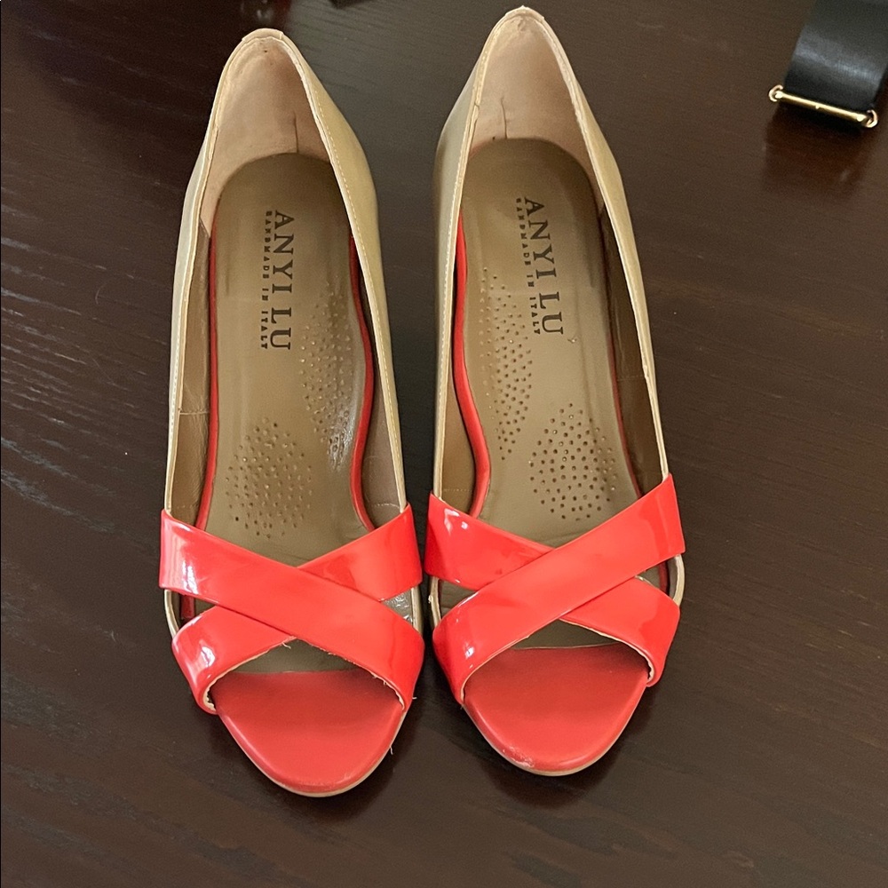 Anyi Lu Red and Tan Cross Strap Heels